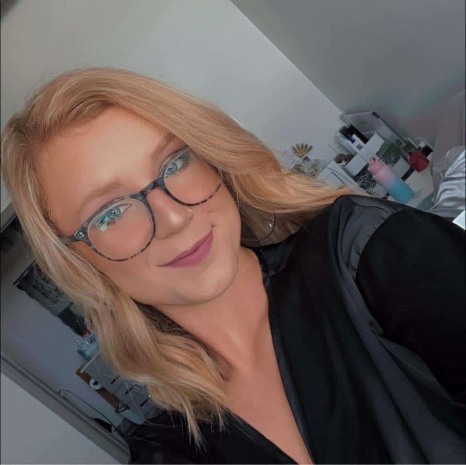 a woman wearing glasses